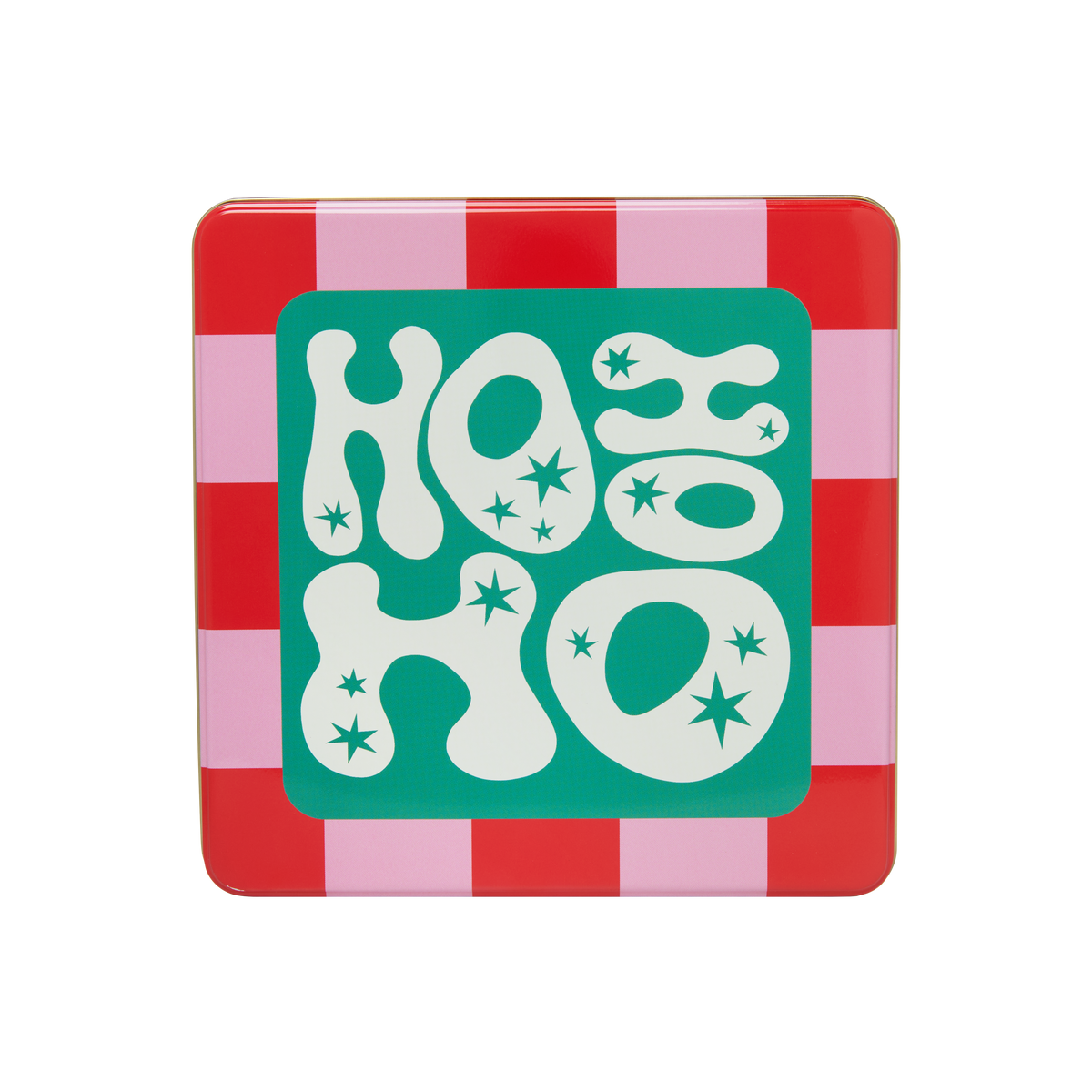 A close-up of a Lush "Ho Ho Ho" tin. The top of the tin is a red and pink checkerboard pattern with a bright teal square in the center that reads "HO HO HO" in white, bubbly letters with small stars.