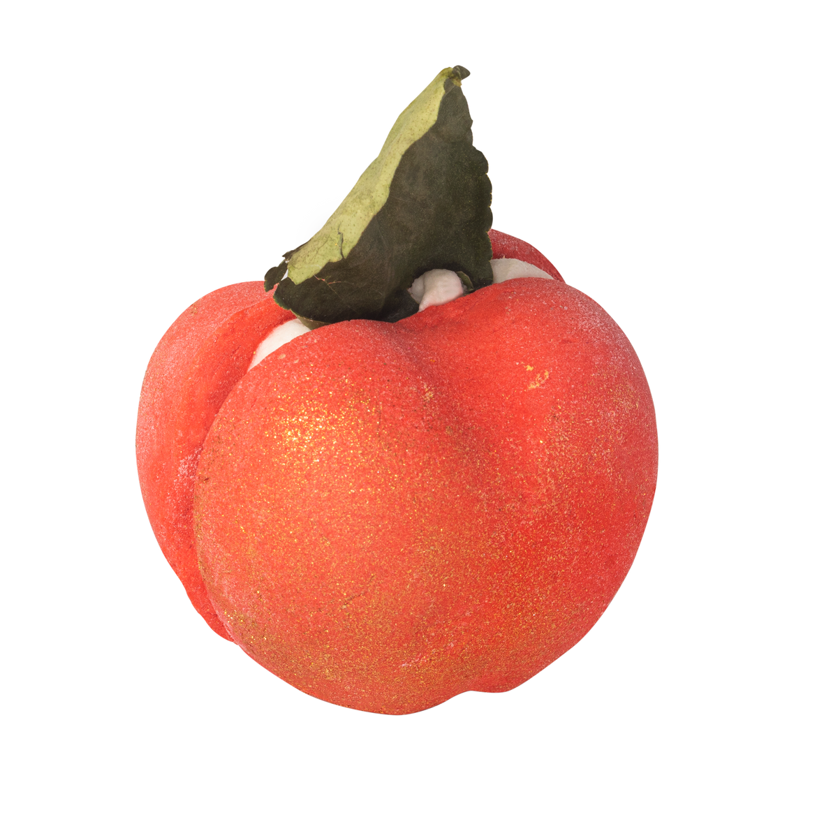 Apple Crumble. A red and shimmery gold, apple shaped, bubble bar. Split in two with a creamy filling and topped with a leaf.