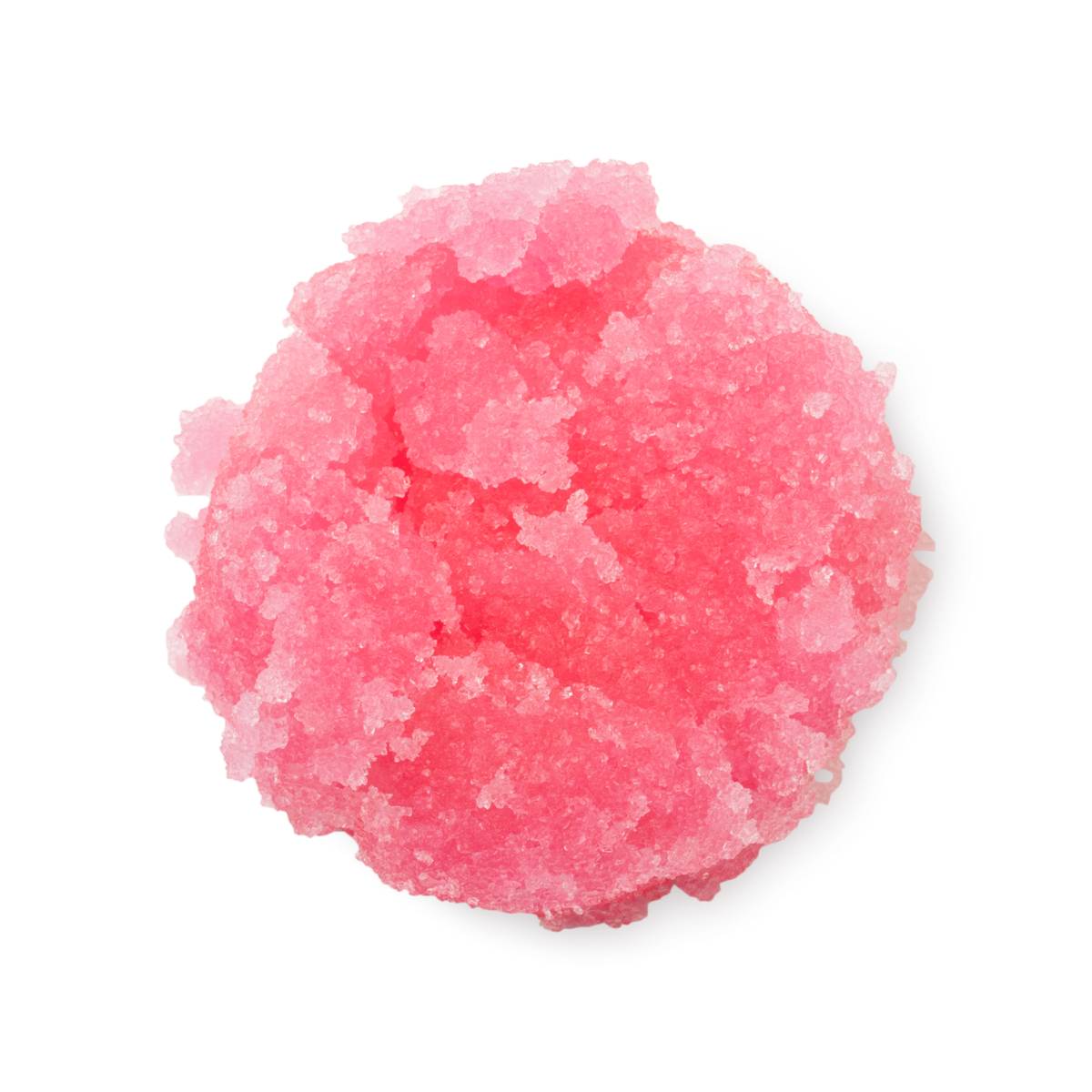 Bubblegum. A neatly piled swatch of thick, textured, vibrant pink lip scrub with visible sugar granules.
