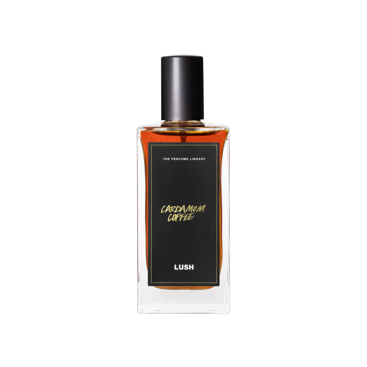 A glass perfume bottle filled with mahogany liquid. A black label reads 'The Perfume Library' and 'Cardamom Coffee'.