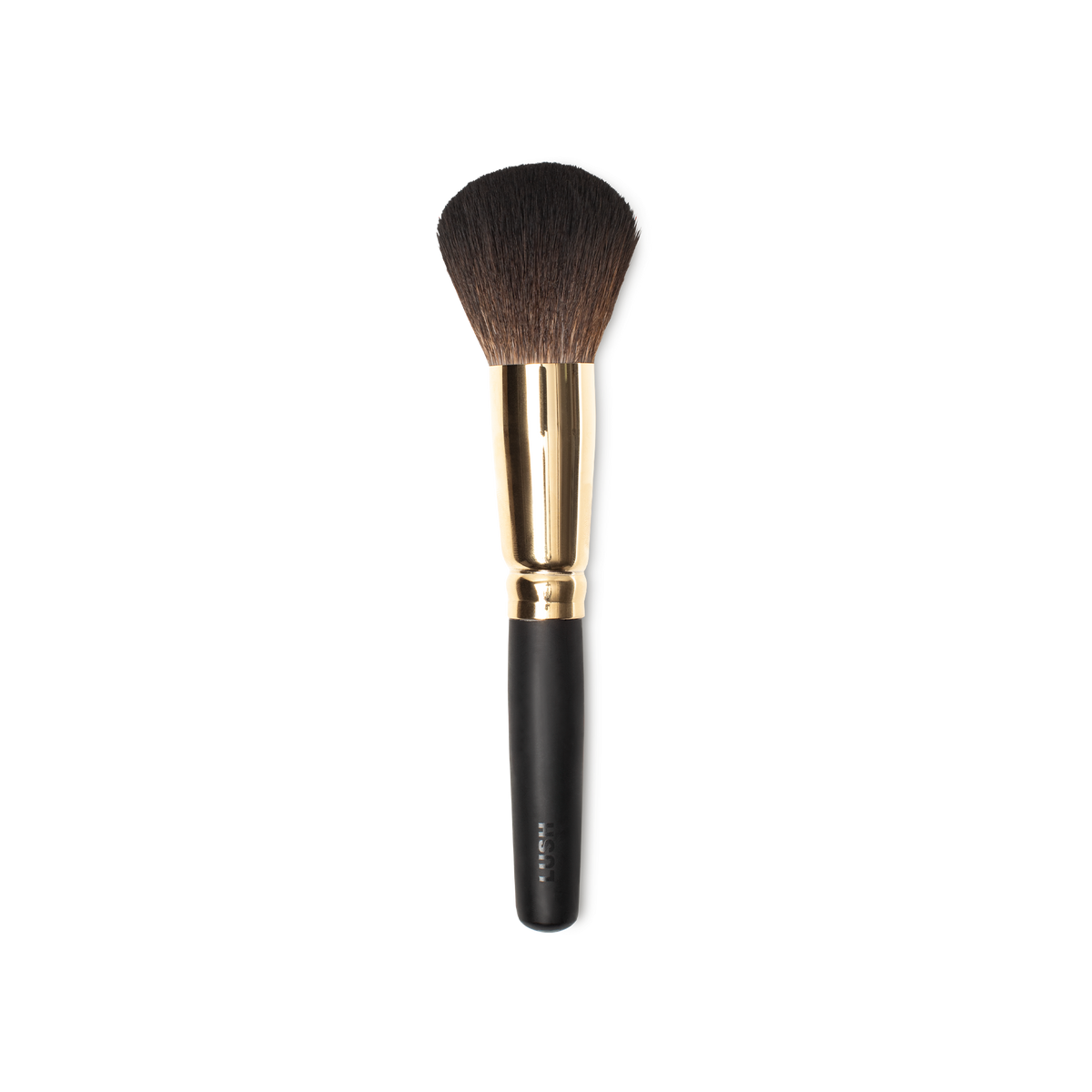 People Powder Brush. A large, dome-shaped powder brush, with tapered brown bristles and a gold and dark wooden handle.