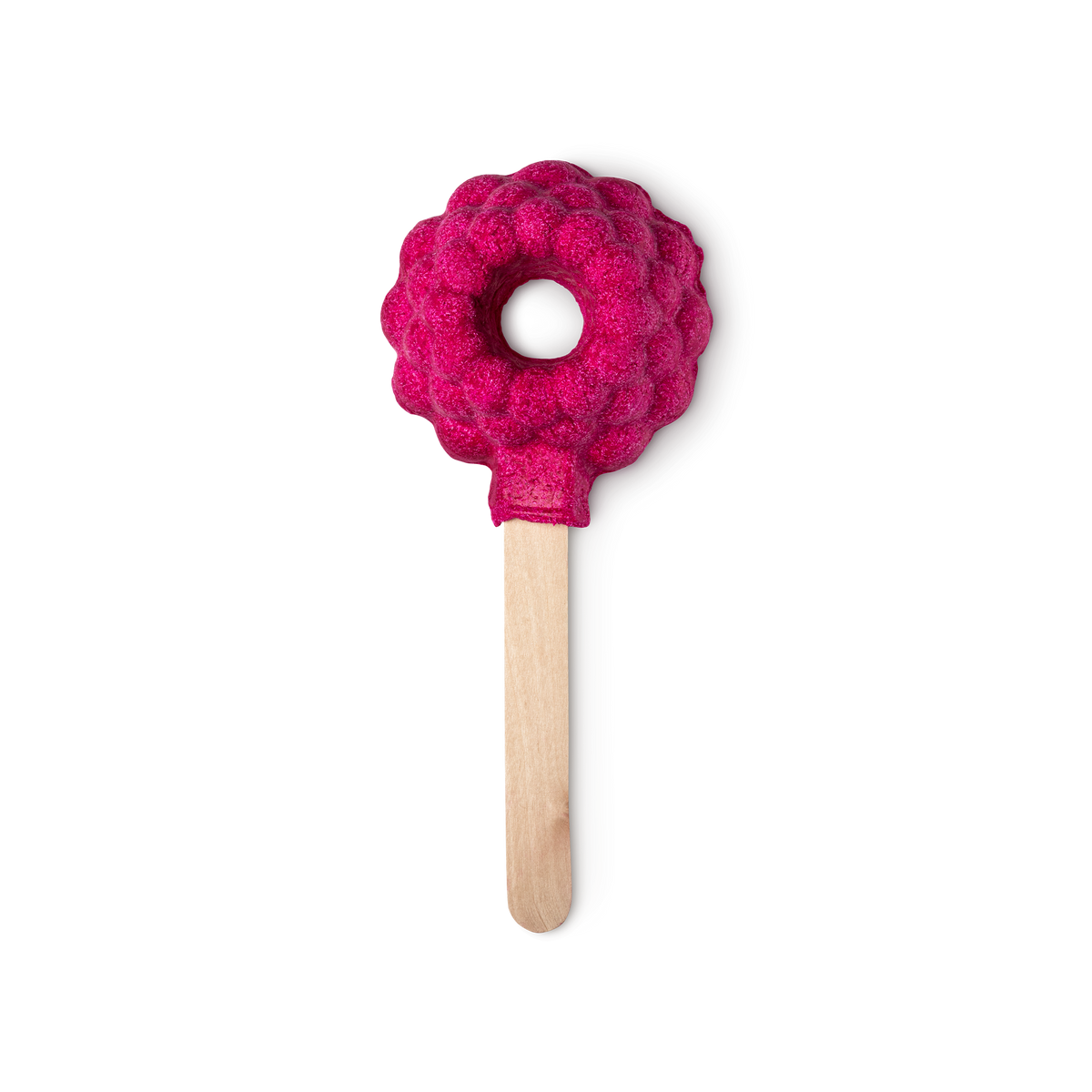Raspberry Blower Bubble Bar. A red bumpy raspberry shape with a hole in the middle is mounted on a stick like an ice lolly.